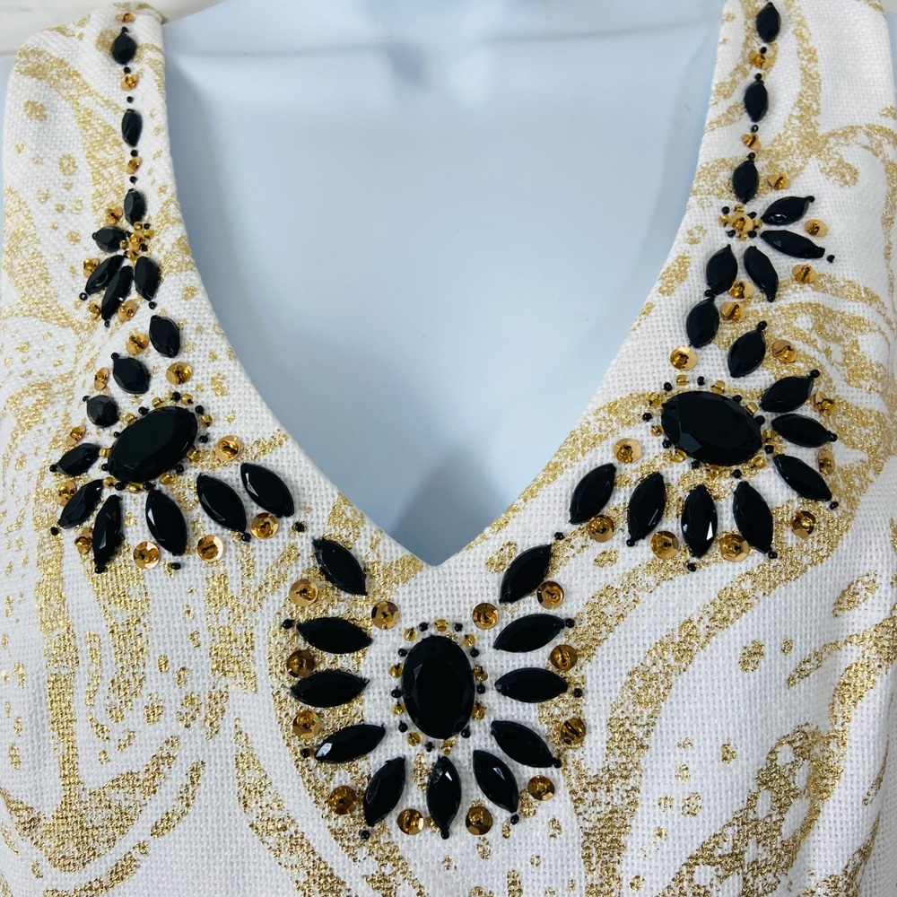 Lilly Pulitzer‎ Laidle Dress Women’s 10 Gold Metallic Shift Beaded V-Neck - Picture 7 of 15
